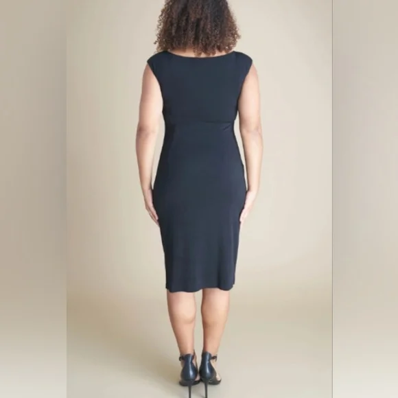 Connected Apparel Lisa Metal Detail Bar Black Faux Wrap Rouch Dress Size 10 - Picture 3 of 11